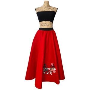 1960s Minnie & Mickey Mouse Red Felt Rockabilly Poodle Skirt with Elastic Waist